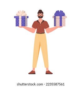 A young guy is holding a gift box. Modern flat colorful vector illustration.