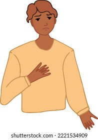 young guy holding his heart expressing upset heartache and chagrin Isolated vector illustration