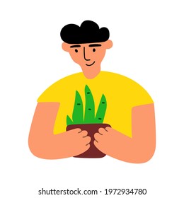 Young guy holding houseplant. Vector illustration on white background.