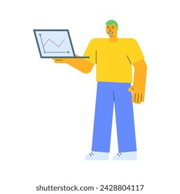 Young guy holding laptop and smiling. Vector Illustration