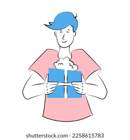 a young guy holds a gift in his hands and smiles, vector illustration, contour drawing