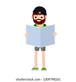 Young guy holds in his hands a large map. The journey and the search journey and the sights. A man in shorts and a beard guided by the guide. Summer tour and trip. Cartoon flat illustration