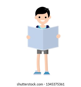 Young guy holds in his hands a large map. The journey and the search journey and the sights. A man in shorts guided by the guide. Summer tour and trip. Cartoon flat illustration