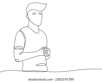 The young guy holds his hands in front of him. One line drawing for different uses. Vector illustration.