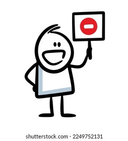 Un joven sostiene un cartel con una señal de alto en la mano sobre su cabeza y grita. Ilustración vectorial de parada y advertencia sobre el adhesivo de doodle peligroso.