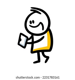 Un chico joven sostiene una tableta y presiona los botones. Graciosa ilustración vectorial de un apasionado muchacho que camina con cara sonriente. 