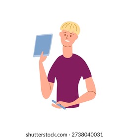 Young guy holds tablet and stylus in hand. Vector illustration for tech startups, creative software brands, online courses.