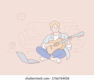 Junge Leute zu Hause, der Mann sitzt auf dem Boden und spielt Gitarre, sieht Video-Tutorials, Hobbys. Gitarrist-Musiker. Handgezeichnete Vektordesign-Illustrationen.