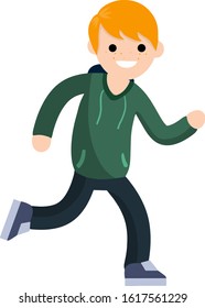 Young guy in hoodie. Active lifestyle. Movement and walking. Cartoon flat illustration. Running and sports