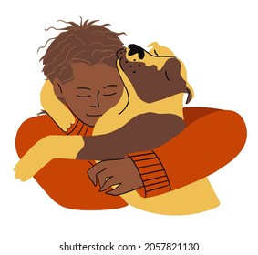 Un chico joven abrazando a su perro, a su anfitrión y a su amor por mascotas. Ilustración plana del vector aislada en fondo blanco