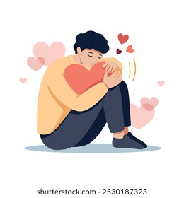 Un chico joven abraza un gran corazón. Amor propio. Apoyarse a sí mismo. Concepto de psicología y salud mental. Ilustración plana de Vector aislada sobre un fondo blanco.