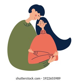 Young Guy Hugs A Frustrated Girl. An Unhappy, Grieving Woman Or A Tense Student. Mental Health. Couple, Support, Depression, Mental Stress, Frustration Concept. Hand Drawn Flat Illustration.