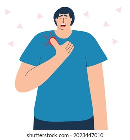 The young guy injured his thumb on his hand. Joint inflammation. Vector illustration in a flat style.