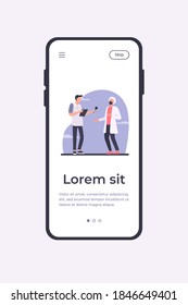 Young guy interviewing doctor in mask. Microphone, quarantine, reporter flat vector illustration. Pandemic and protection concept for banner, website design or landing web page
