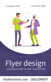 Young guy interviewing doctor in mask. Microphone, quarantine, reporter flat vector illustration. Pandemic and protection concept for banner, website design or landing web page