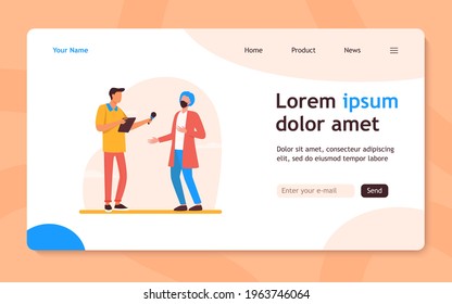 Young guy interviewing doctor in mask. Microphone, quarantine, reporter flat vector illustration. Pandemic and protection concept for banner, website design or landing web page