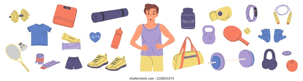 Young guy and items for sports. Kettlebell, gym bag, barbell, racket. Workout stuff bundle. Isolated flat vector illustration.