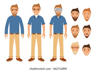 The young guy in jeans a shirt and boots. A set of the heads with different hairstyles and beards and moustaches and wearing spectacles. The character in flat style a vector.Points of virtual reality.