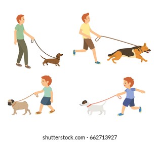 Young guy and kids walking with dogs vector set