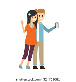 Young guy and lady making a selfie with a smartphone in flat style, vector illustration 