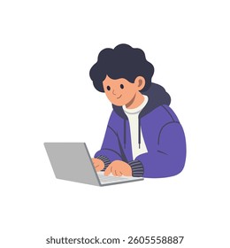 Young guy with a laptop. Distance learning. Freelancer. Vector image.