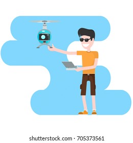 young guy launches copter with camera, cartoon character, flat illustration