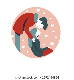 A young guy leaned for a kiss to a young girl. Loving couple surrounded by small hearts. St. Valentine's Day. Flat vector characters.