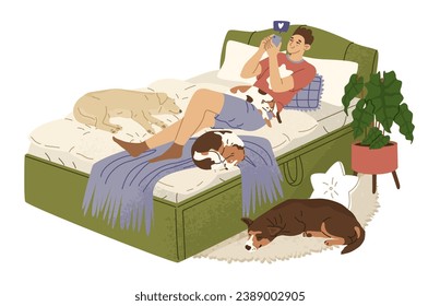 A young guy lies on a double bed and looks at the phone surrounded home pats. Social media addiction, entertainment before bed. Vector illustration isolated on white background.