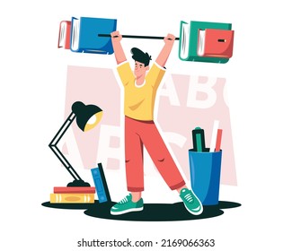 A young guy lifts a barbell from books. The concept of learning and self-education. Back to school illustration.