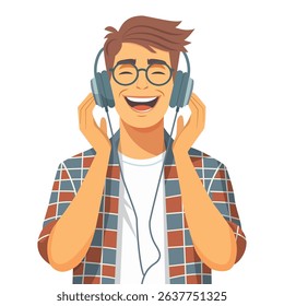 A young guy listens to music with headphones with a smile.  Isolated on a white background. Vector illustration