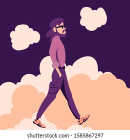 A young guy with long hair with a beard in sunglasses is walking through the clouds. Flat vector character.