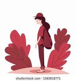 A young guy with long hair in a cap and a backpack stands in the middle of the vegetation. Traveler. Flat vector character.