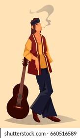 A young guy with long hair. Hippie. He has a headband on his head. It has a shirt and wide trousers. He has a guitar. Vector illustration cartoon, character