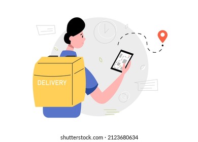 Young guy looking for a fast way in a mobile application. Fast delivery concept. Vector flat style illustration.