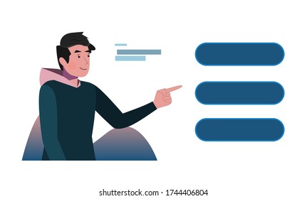 Un chico joven está mirando las opciones del menú de diseño de juegos de la interfaz de usuario. Ilustración plana del vector