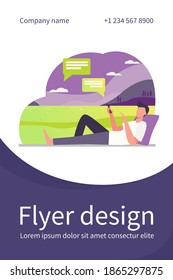 Young guy lying on meadow and chatting via phone. Smartphone, social media, park flat vector illustration. Communication and digital technology concept for banner, website design or landing web page