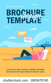 Young guy lying on meadow and chatting via phone. Smartphone, social media, park flat vector illustration. Communication and digital technology concept for banner, website design or landing web page