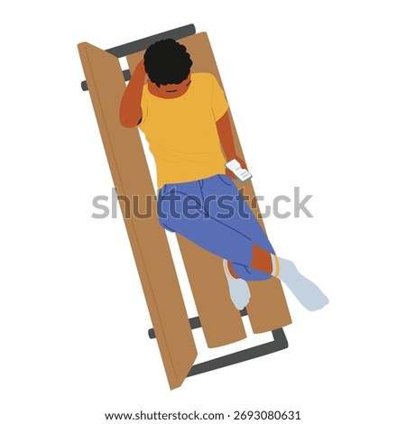 Young guy lying on public park bench surfing internet via mobile phone overhead view. Student cartoon character enjoying outdoor leisure, digital connectivity, casual study habits vector illustration