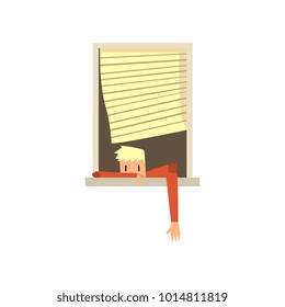 Young guy lying on window with his hand out. Jalousie moving on wind. Cartoon blond teen in red sweater. Architecture detail element. Colorful flat vector design