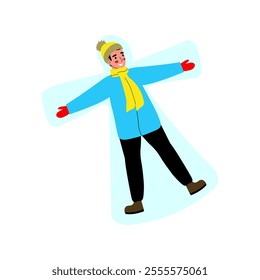 A young guy makes a snow angel. Man spends time at winter activities. Cartoon flat vector illustration.