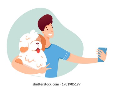 Joven haciendo selfie con su perro. Un hombre sonriente es fotografiado con una mascota, haz una foto con la cámara de un smartphone. Ilustración vectorial de la fotografía de hobby, la memoria, las redes sociales, el estilo de vida