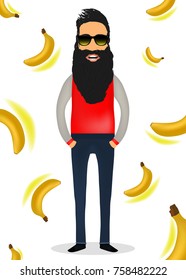 A young guy, a man with a beard, a hipster fashionably dressed in glasses, a background of flying bananas