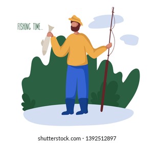 Young guy or man and his hobby - fishing. Male character - bearded man is standing with fishing rod and fish, nature, trees or bushes, flat style, vector