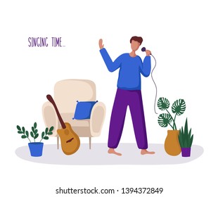 Young guy or man and his hobby or daily activity - music and singing at home, free time concept. Cute male character in room with potted plants, flat style, vector illustration