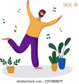 Young guy or man and his hobby of dancing in room to music, enjoy dancing, free time and leisure. Cute male character at home with potted plants. flat style, vector illustration