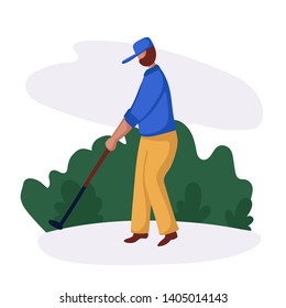 Young guy or man and his hobby - sport, playing golf outdoor in park or field. Cute male character on white background, flat style, vector illustration