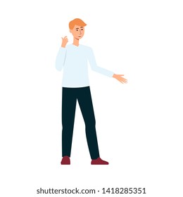 Young guy or man supporting dialogue and communicating character flat vector illustration isolated on white background. Internet social networking or chat web graphics icon.