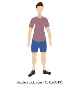 Young guy. A man in a T-shirt, shorts and sneakers. Vector illustration. Isolated white background. The sportswear model leads a healthy lifestyle. Flat style. Man with a stylish haircut. Anonymous.