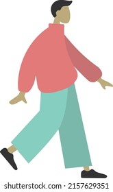 Young guy, man walks in a red jacket, sweater and green pants. Flat drawing, character sketch. Simple drawing in pastel colors. Isolated vector illustration.