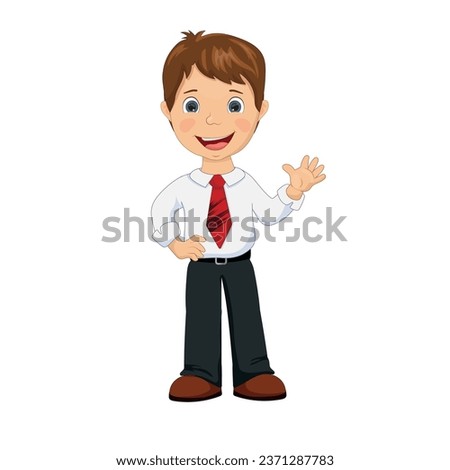 A young guy, a manager in a shirt and tie waves and smiles